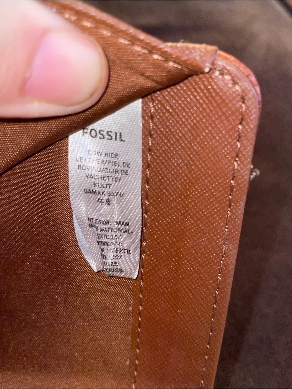 Fossil Pebbled Leather Wallet in Cognac Brown with Gold Accent